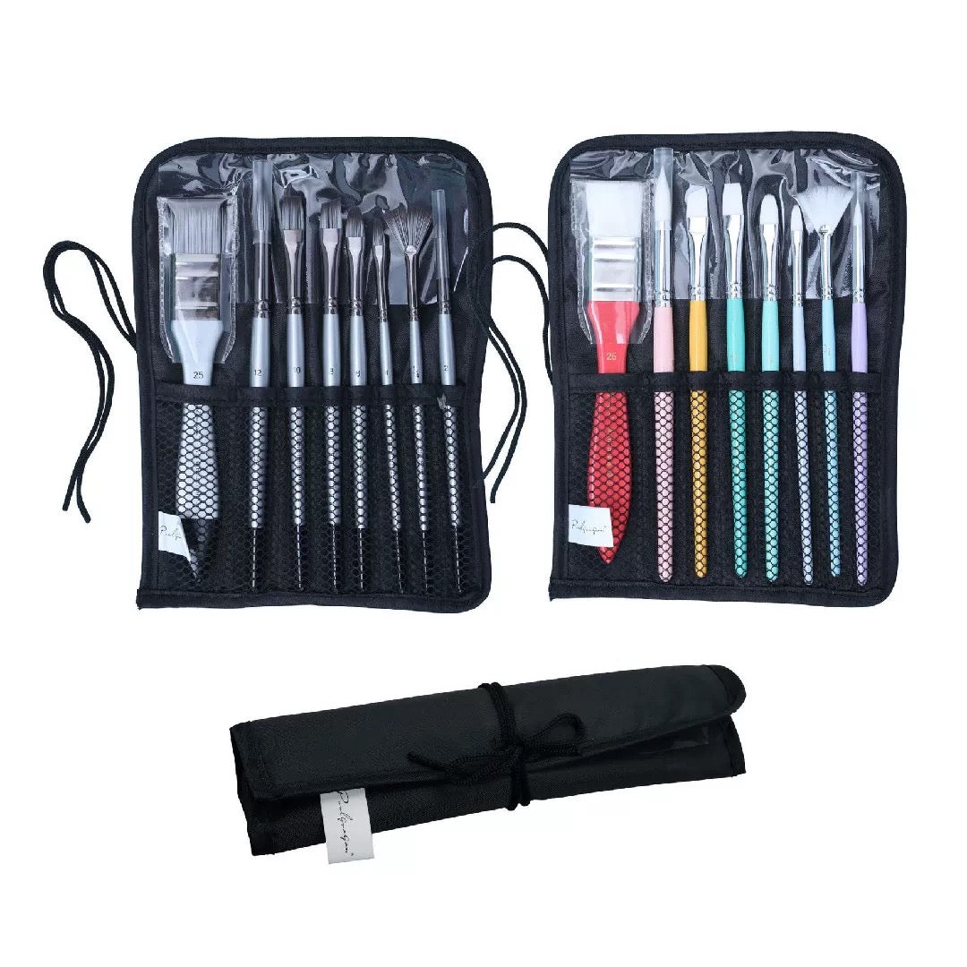 Assorted Paint Brush Set + Canvas Brush Holder