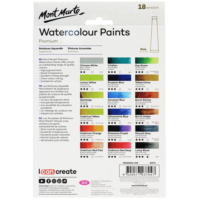 Mont Marte Watercolour Paints Premium Set 8ml 18pcs