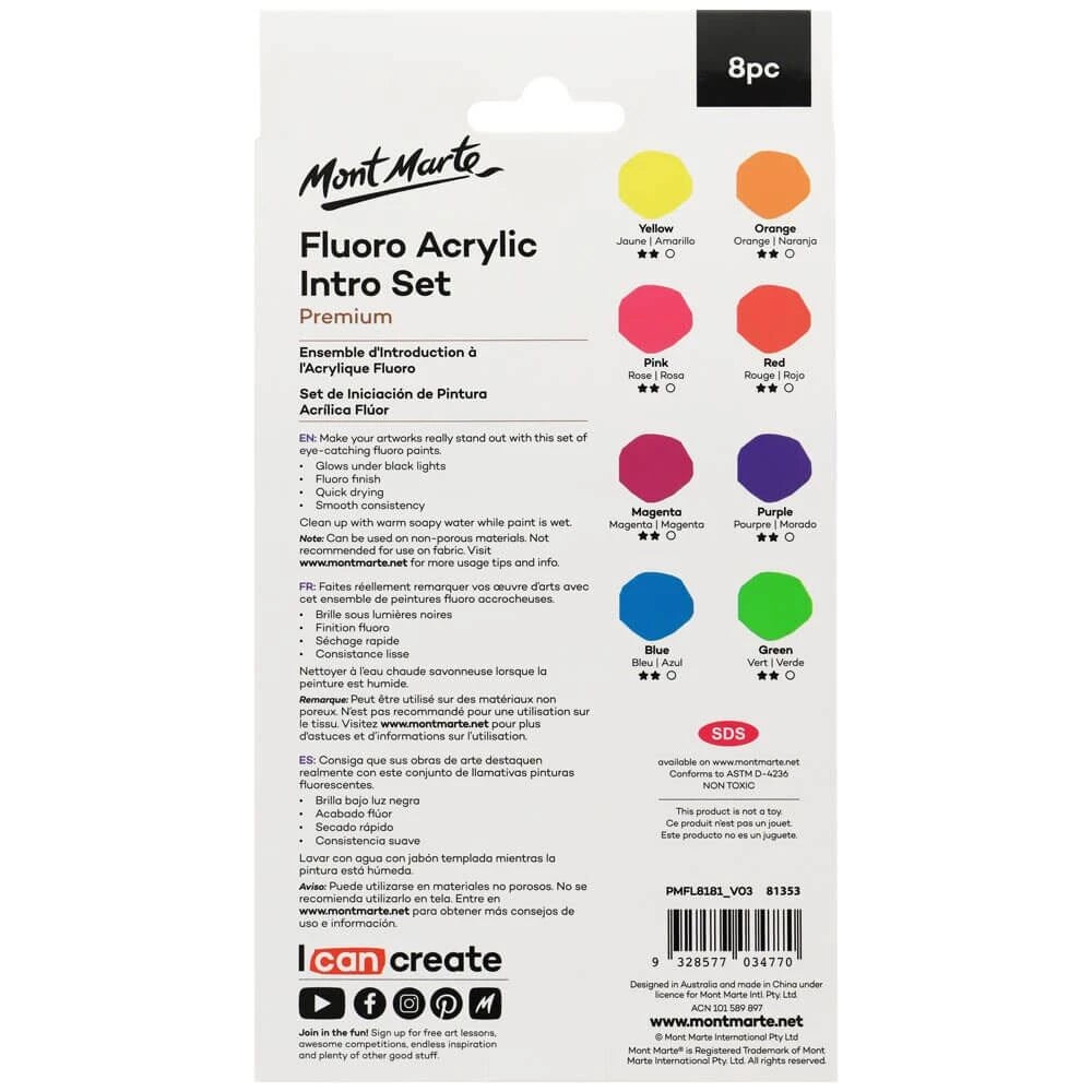 Mont Marte Fluoro Acrylic Paint Set 18ml 8pcs